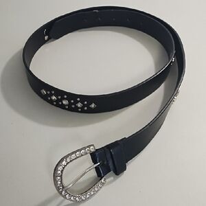 Black Belt Studded Silver Fleur-de-lis Studs & Rhinestones & Encrusted Buckle